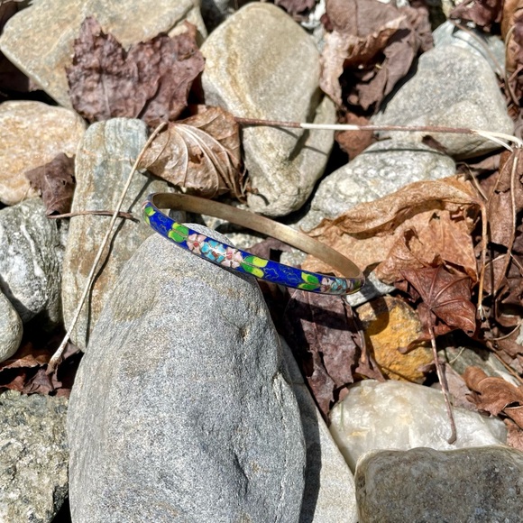 Beautiful Vintage Blue Floral Cloisonne Bangle Bracelet - Picture 5 of 6